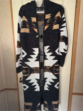 Long Tribal Pattern Open Cardigan Sweater - Black & White